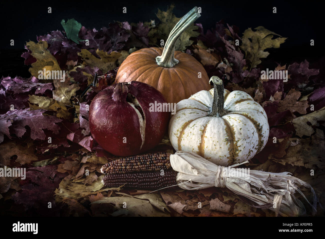 Zucca, melograno, squash e mais Indiano su foglie colorate- Autunno still life Foto Stock