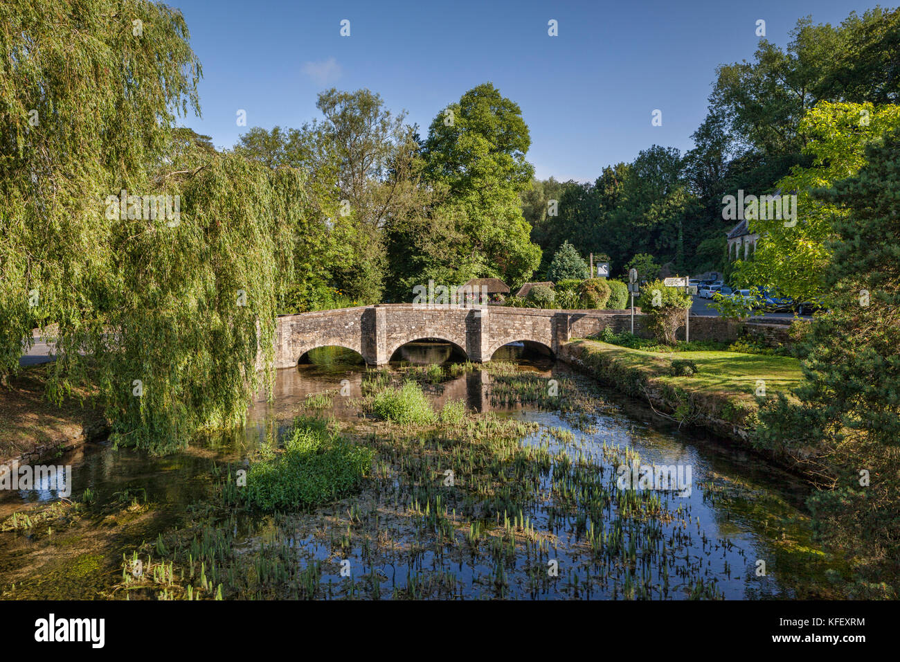 Il ponte di pietra in Cotswolds village di bibury, Gloucestershire, Inghilterra Foto Stock