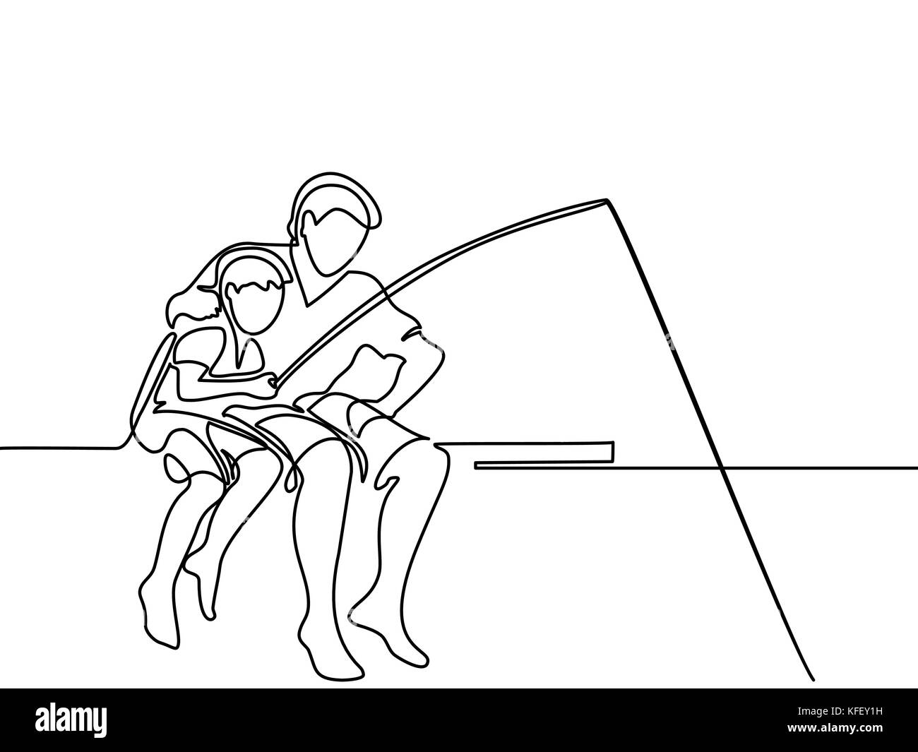 Padre e figlio per la cattura di pesce. Rappresentazione in linea continua. Illustrazione Vettoriale Illustrazione Vettoriale