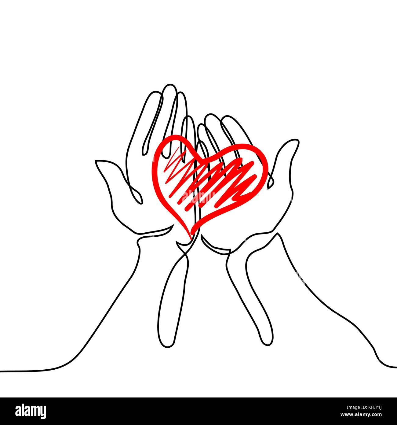 Mani tenendo un cuore. Rappresentazione in linea continua. Illustrazione Vettoriale Illustrazione Vettoriale