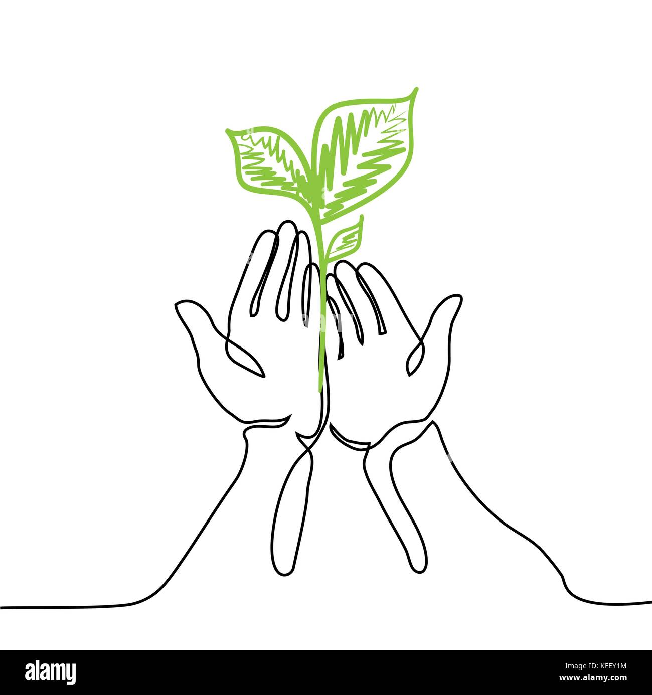 Mani tiene un living green di piantine. Rappresentazione in linea continua. Illustrazione Vettoriale Illustrazione Vettoriale