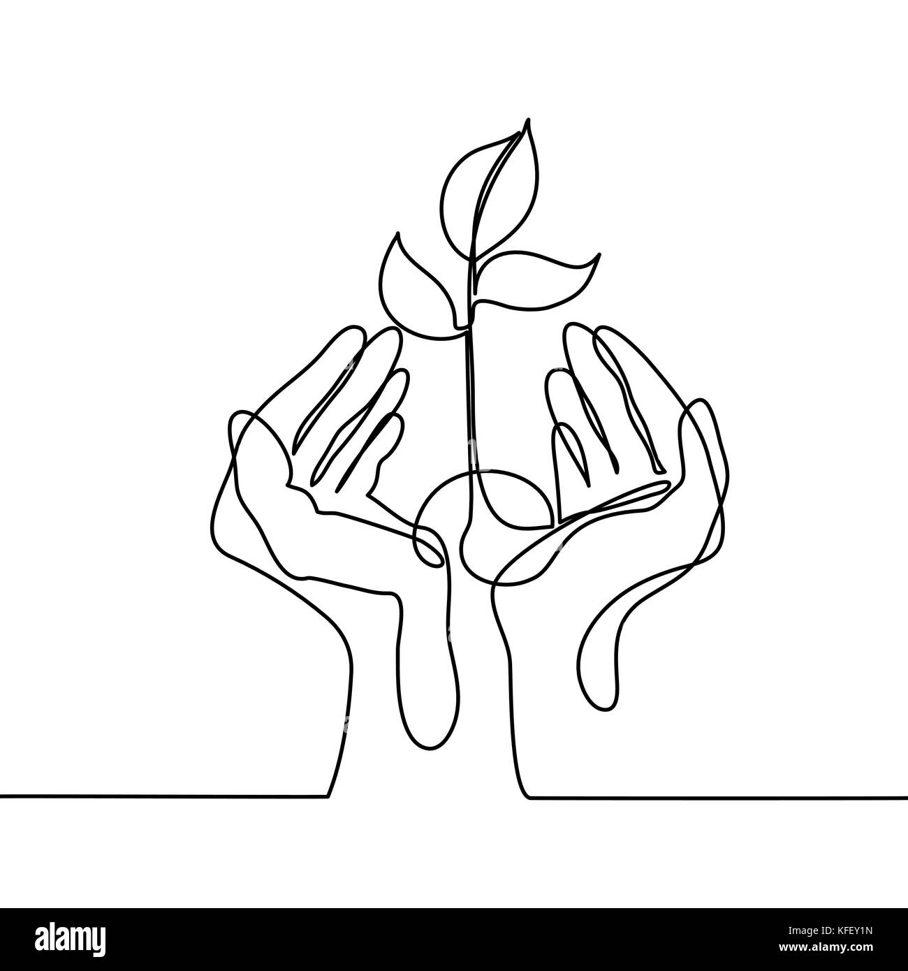 Rappresentazione in linea continua. Le palme delle mani insieme con la crescita vegetale. Illustrazione Vettoriale Illustrazione Vettoriale