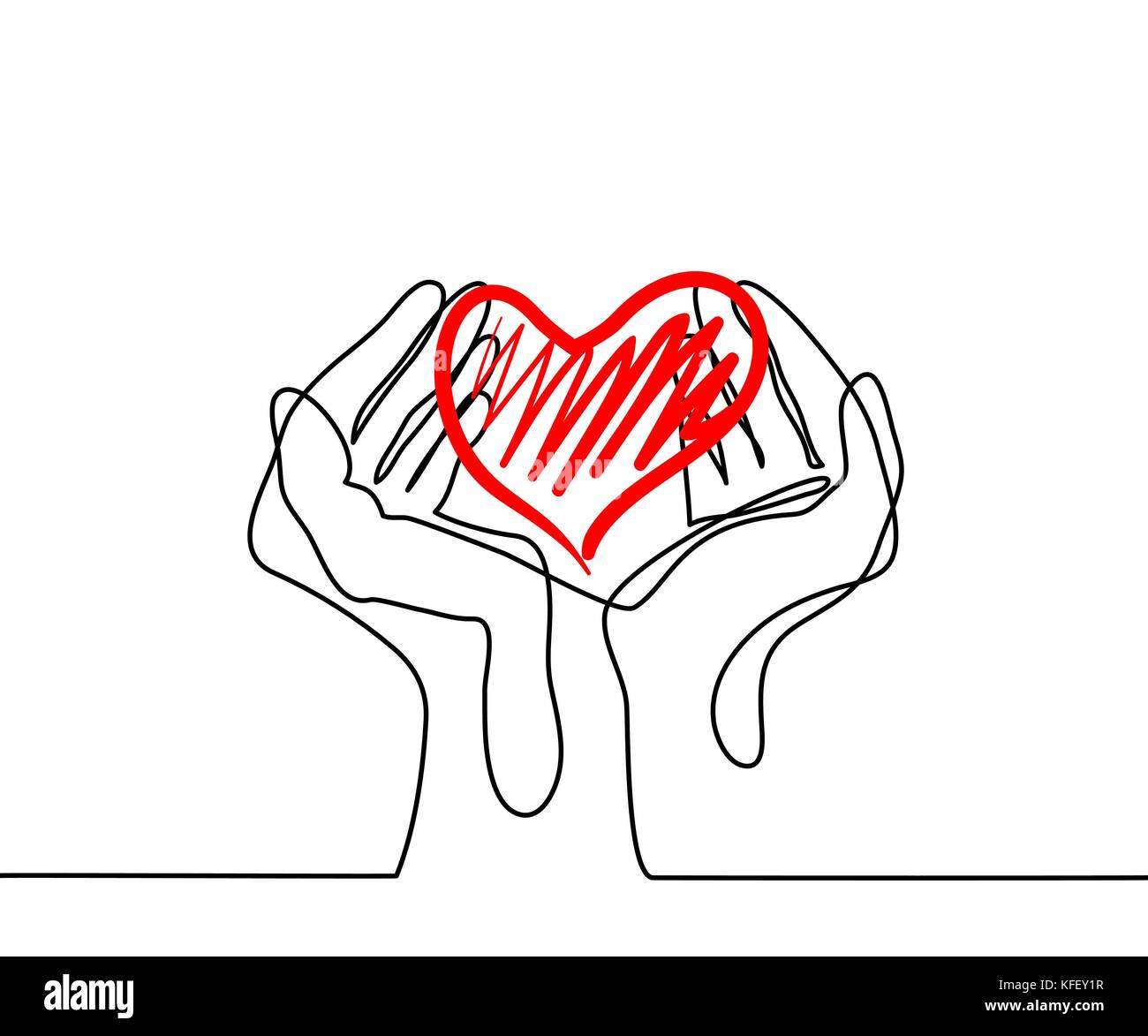 Mani tenendo un cuore. Rappresentazione in linea continua. Illustrazione Vettoriale Illustrazione Vettoriale