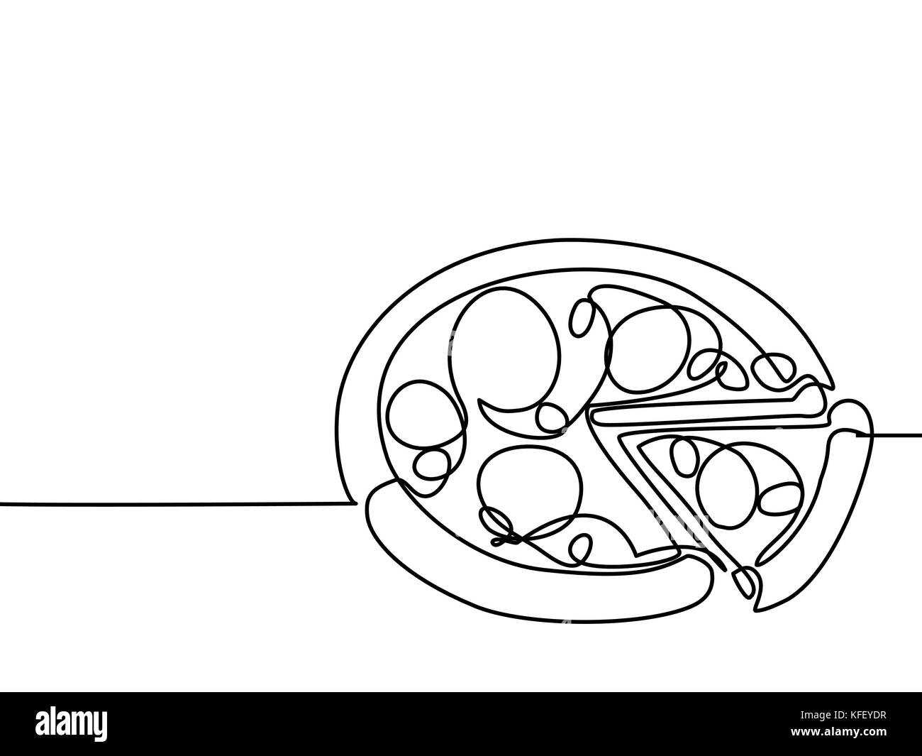 Rappresentazione in linea continua. Grande pizza con fetta. Illustrazione vettoriale con linee nere su sfondo bianco. Illustrazione Vettoriale