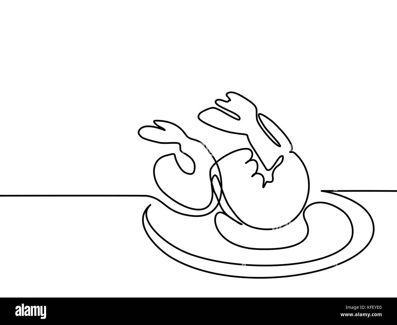 Rappresentazione in linea continua. Gamberi grandi sulla piastra. Illustrazione vettoriale con linee nere su sfondo bianco. Illustrazione Vettoriale