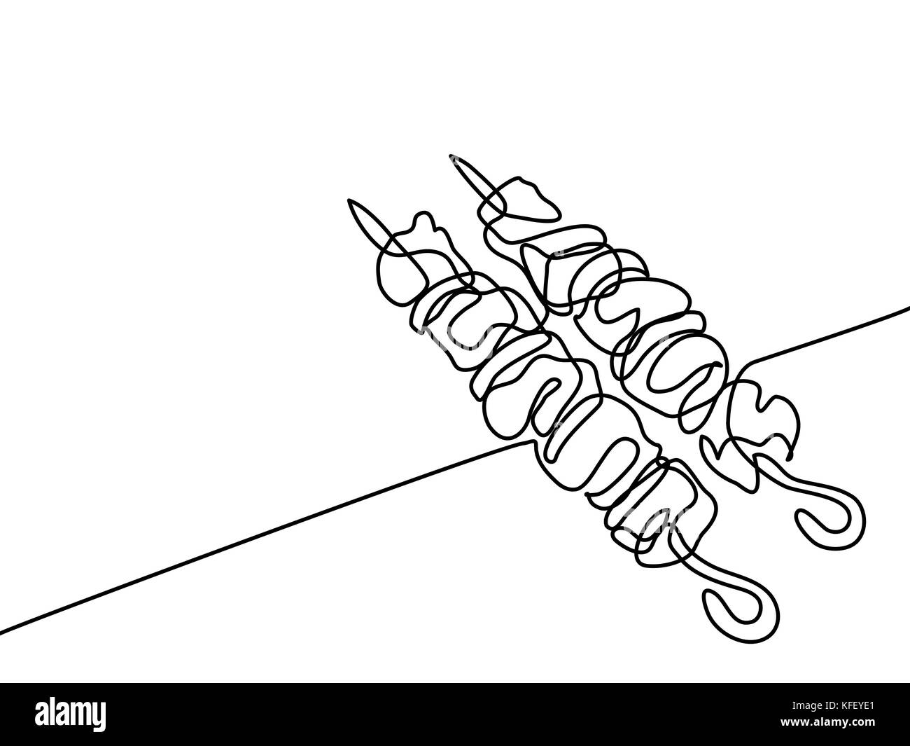 Rappresentazione in linea continua. Shish kebab su spiedini. Illustrazione vettoriale con linee nere su sfondo bianco. Illustrazione Vettoriale