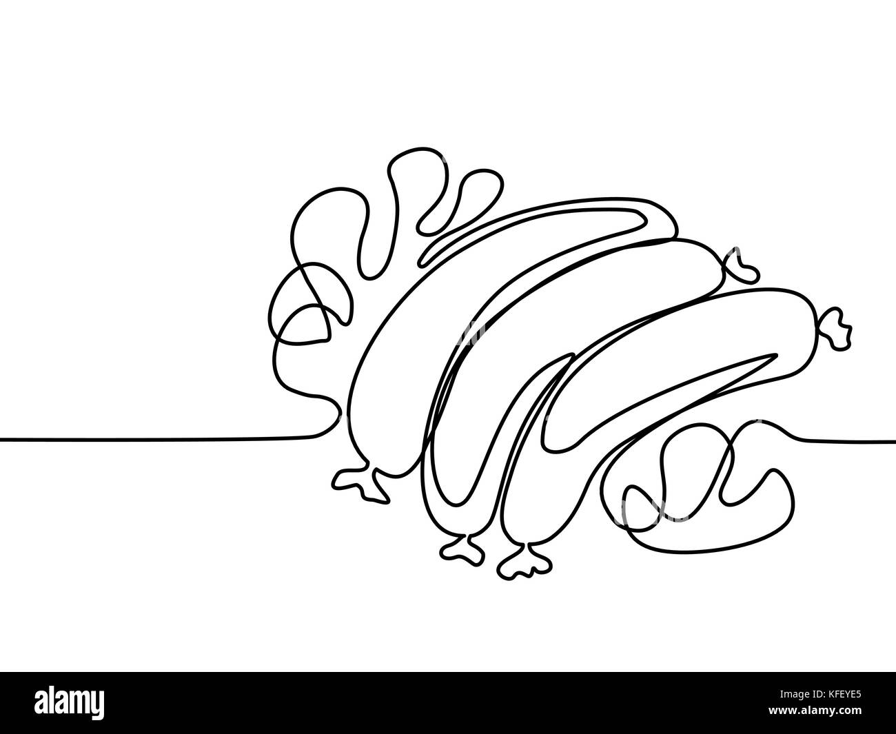 Rappresentazione in linea continua. Salsicce fritte con foglie di lattuga e funghi. Fast food. Illustrazione vettoriale con linee nere su sfondo bianco. Illustrazione Vettoriale