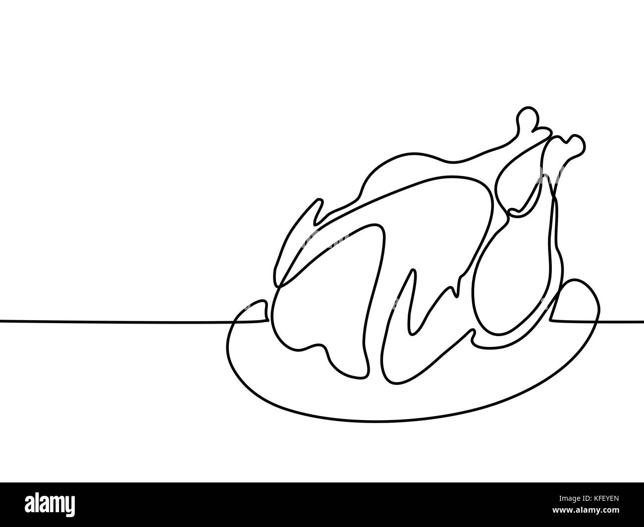 Rappresentazione in linea continua. Pollo alla griglia sulla piastra. Illustrazione vettoriale con linee nere su sfondo bianco. Illustrazione Vettoriale