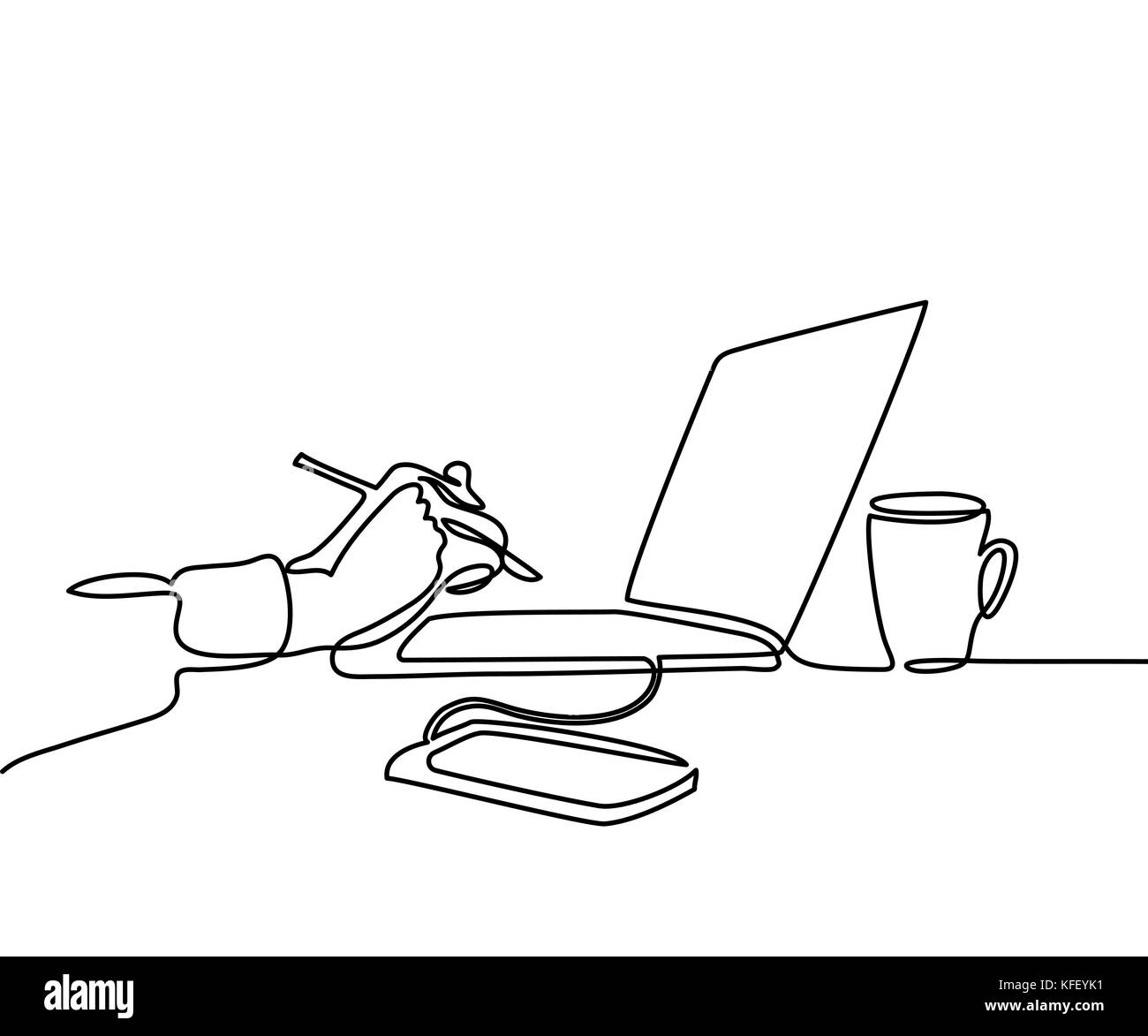 Rappresentazione in linea continua. Computer portatile con tazza di caffè e la mano con penna, telefono. Illustrazione Vettoriale Illustrazione Vettoriale