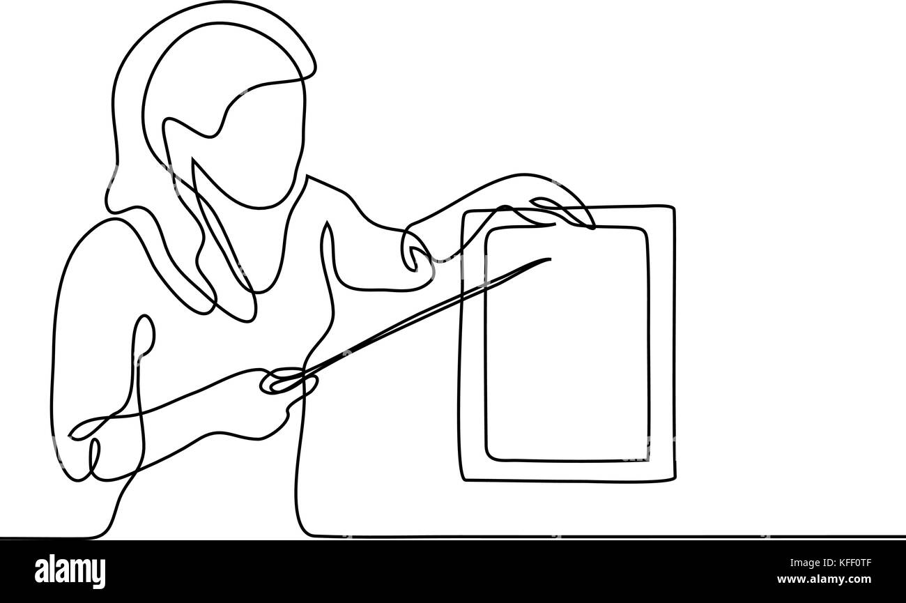 Insegnante con puntatore e tabella foglio. Linea continua di disegno vettoriale di illustrazione si torna a scuola Illustrazione Vettoriale