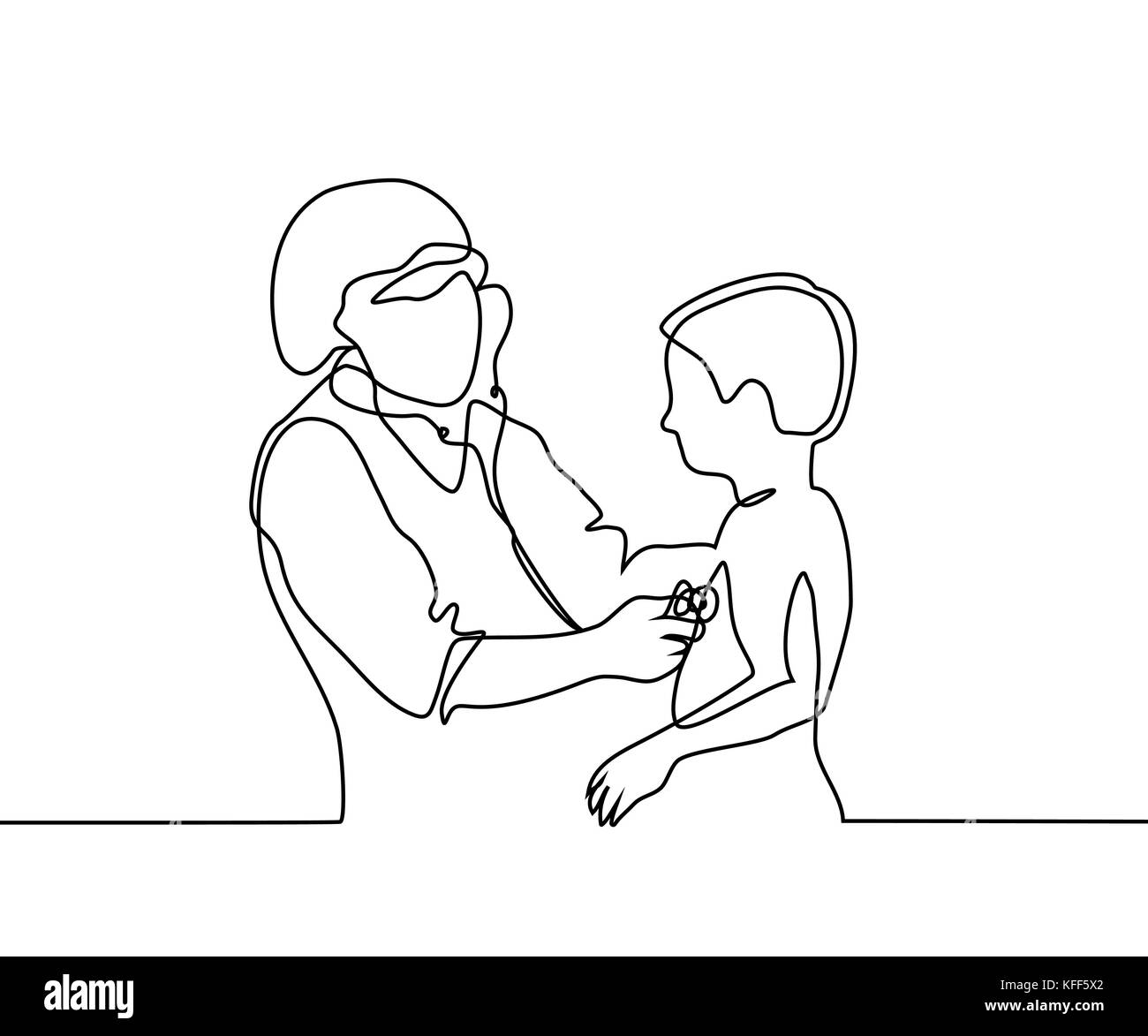 Medico con stetoscopio trattamento paziente piccolo ragazzo. Rappresentazione in linea continua. Illustrazione Vettoriale su sfondo bianco Illustrazione Vettoriale