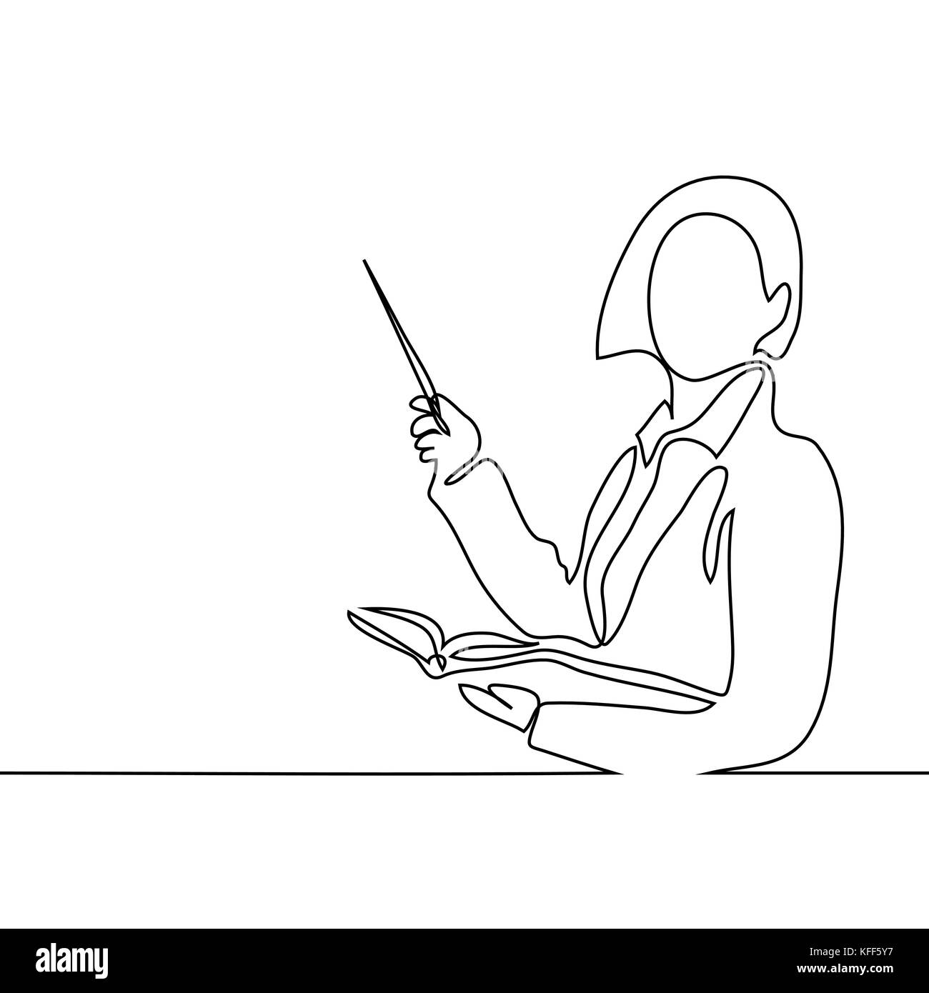 Insegnante con libro e del puntatore. Linea continua di disegno vettoriale di illustrazione si torna a scuola Illustrazione Vettoriale