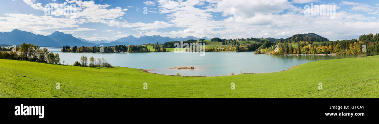 Ampio angolo di vista panoramica al paesaggio rurale in Baviera con montagne delle Alpi e del lago di Forggensee Foto Stock