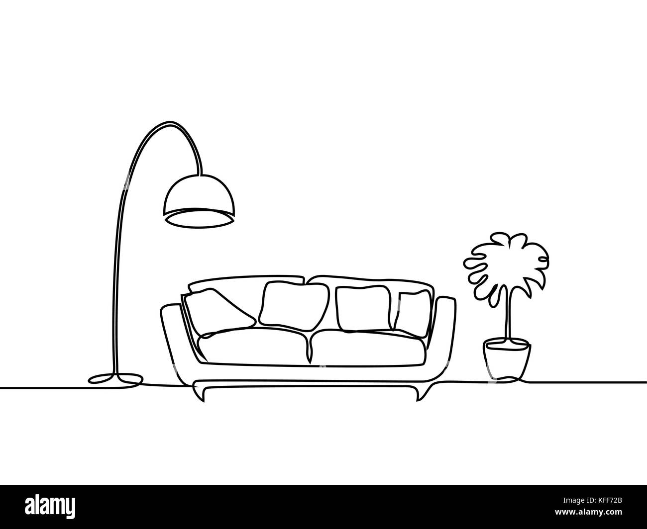Rappresentazione in linea continua. Interno con divano letto, lampada da  terra e pianta. Illustrazione Vettoriale Immagine e Vettoriale - Alamy