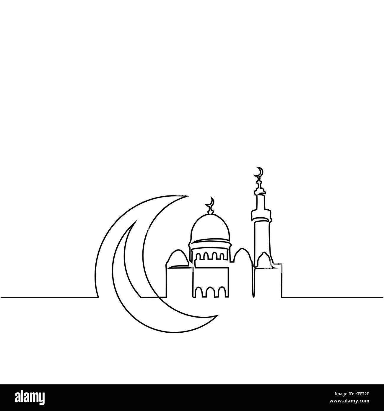 Rappresentazione in linea continua della moschea con luna. Illustrazione Vettoriale Illustrazione Vettoriale