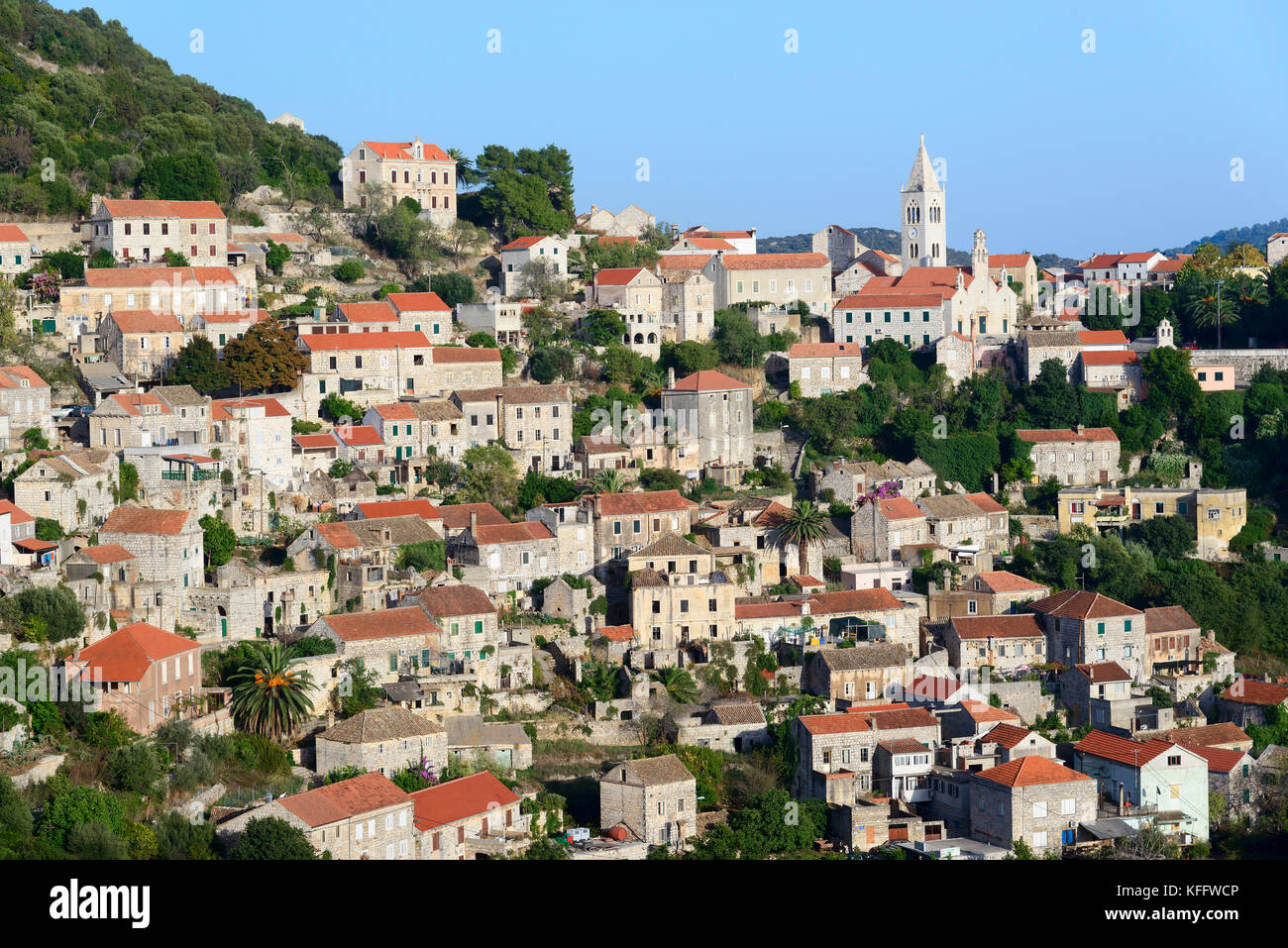 Città capitale dell'Isola Lastovo, Mare Adriatico, Mar Mediterraneo, Veglia, Golfo del Quarnero o Baia, Croazia Foto Stock