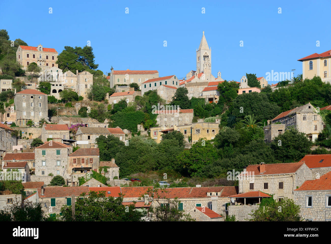Città capitale dell'Isola Lastovo, Mare Adriatico, Mar Mediterraneo, Veglia, Golfo del Quarnero o Baia, Croazia Foto Stock
