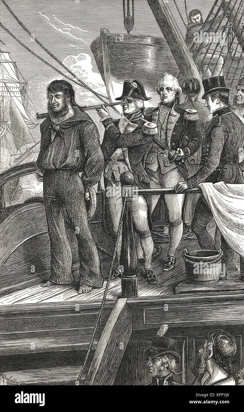 Nelson tenendo un telescopio per il suo occhio, ignorando l'ordine di ritiro, Battaglia di Copenhagen, 1801 Foto Stock