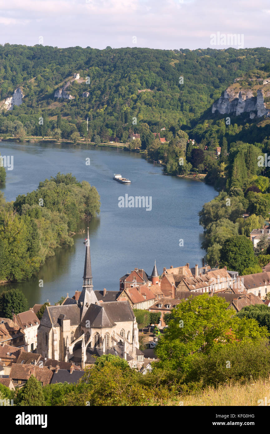 Le Petit Andely e il fiume Senna da sopra, Les Andelys, in Normandia, Francia, Europa Foto Stock