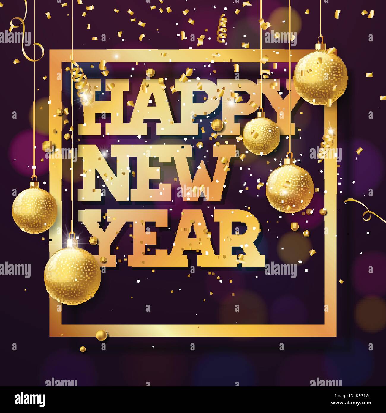 Vector felice anno nuovo 2018 illustrazione con oro lucido design tipografia e sfere ornamentali su sfondo di confetti. eps 10. Illustrazione Vettoriale