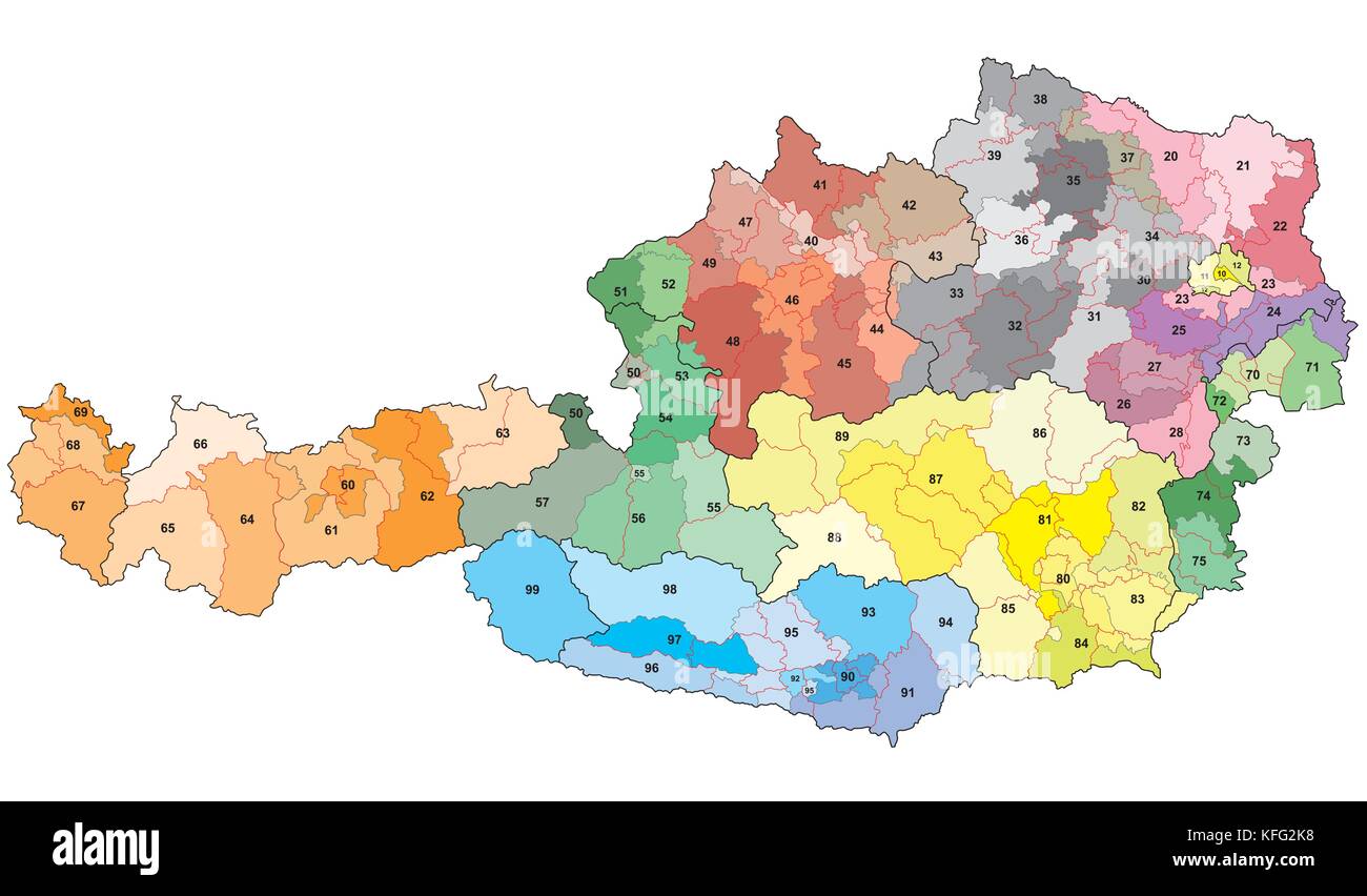 Austria a 2 cifre dei codici postali mappa vettoriale Illustrazione Vettoriale