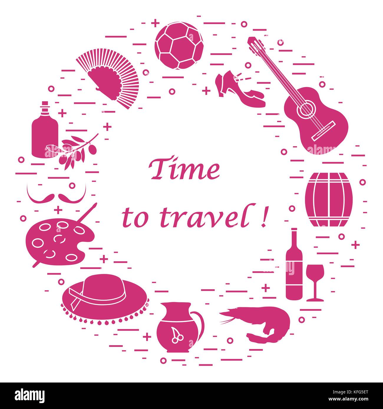 Illustrazione vettoriale con vari simboli di Spagna disposti in un cerchio. viaggi e tempo libero. design per banner, poster o di stampa. Illustrazione Vettoriale