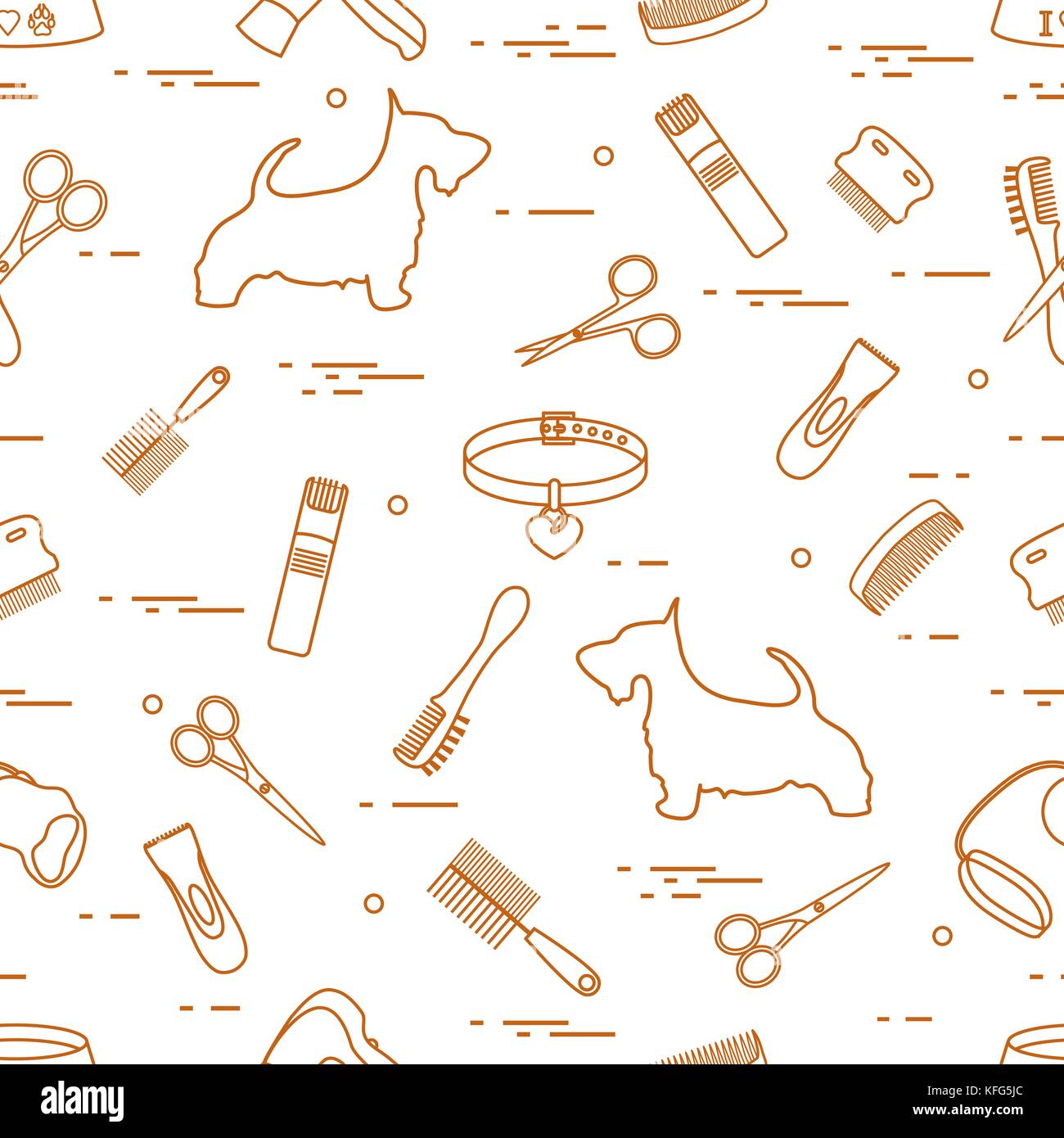 Modello con il cane, pettini, collare, guinzaglio, rasoio, asciugacapelli, ciotola, forbici. health care, toelettatura, prendersi cura di un cane, mostra. Illustrazione Vettoriale