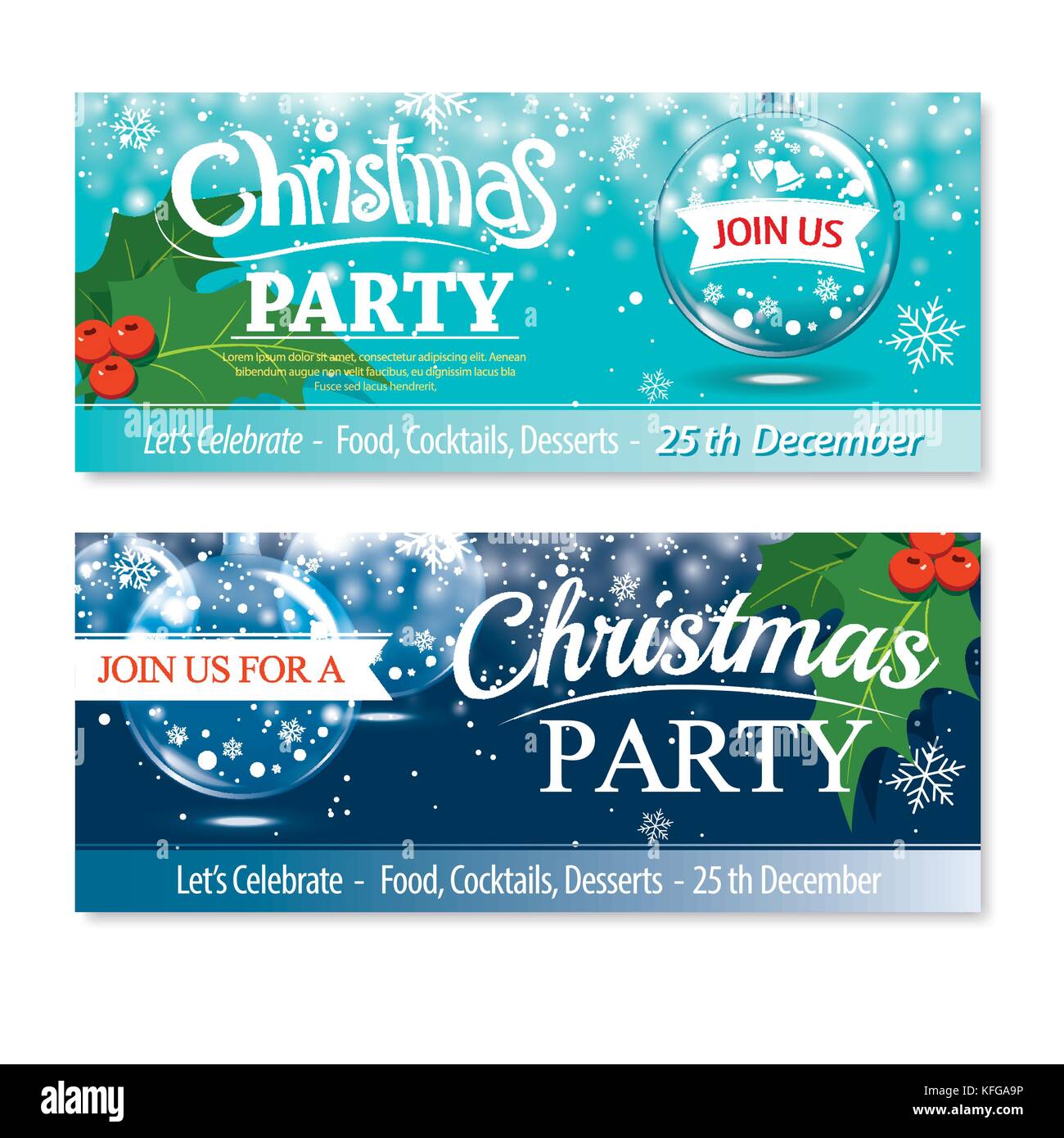 Invito Merry Christmas banner e il design della scheda modello.Palla di vetro come tema. Illustrazione Vettoriale