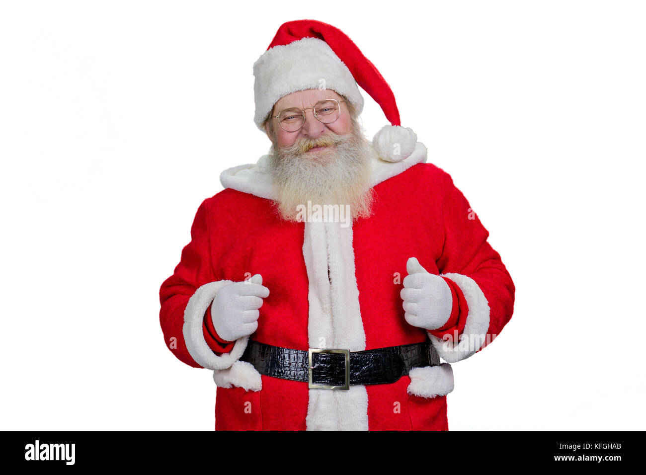 Real barbuto babbo natale su sfondo bianco. Il vecchio tipo di santa claus in piedi su sfondo bianco. positivo e felice realistico santa claus, studio shot Foto Stock