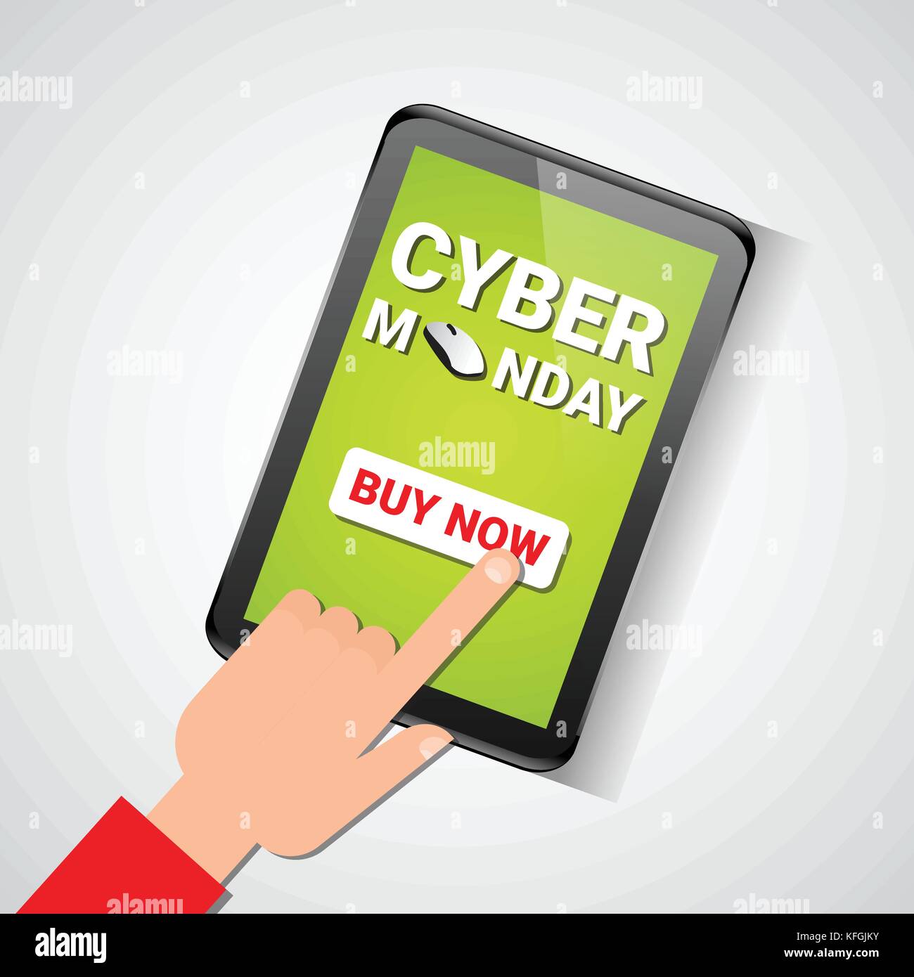 La mano toccare pulsante Compra ora sulla tavoletta digitale con cyber lunedì messaggio di vendita Illustrazione Vettoriale