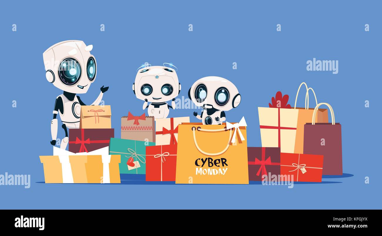 Robot moderna azienda confezioni regalo con cyber lunedì testo online vacanza moderna tecnologia vendita design banner Illustrazione Vettoriale Robot moderna azienda confezioni regalo con cyber lunedì testo online vacanza moderna tecnologia vendita design banner Illustrazione Vettoriale