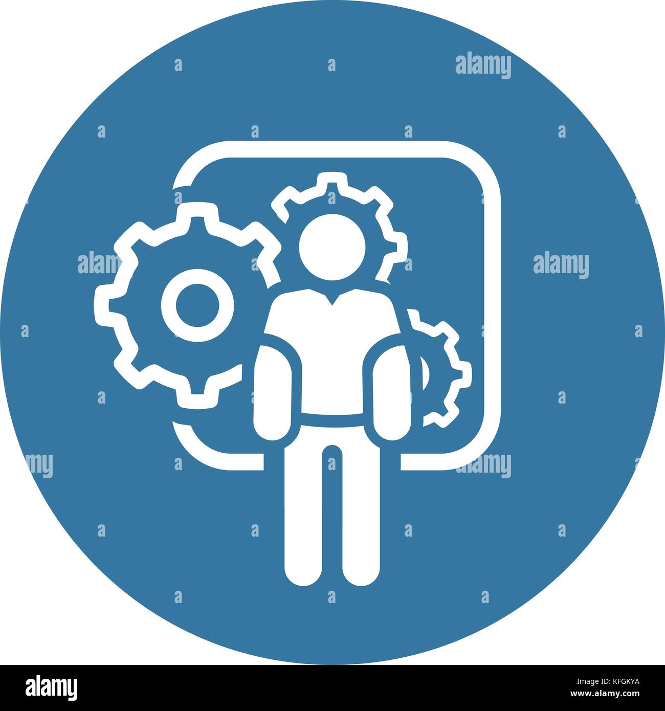 Ingegneria meccanica e la relativa icona. L uomo e gli ingranaggi. Simbolo di sviluppo. Illustrazione Vettoriale