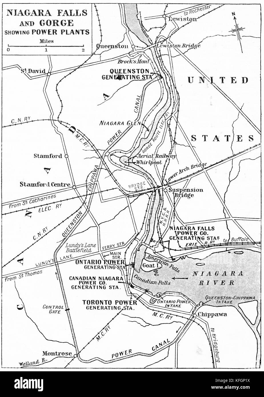 Un 1930 Mappa che mostra le Cascate del Niagara e Gola con i relativi impianti di alimentazione, ponti, strade, città, canali, bocchette, aerea, ferroviaria di Lundy Lane battlefield, la Goat Island, Chippawa ecc. Foto Stock