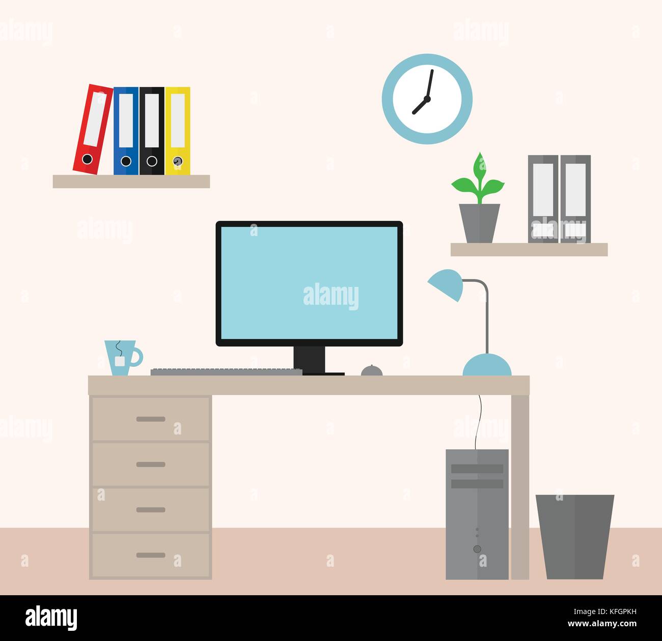 Illustrazione vettoriale di un ufficio con attrezzature come un lavoro per un manager - design piatto Illustrazione Vettoriale