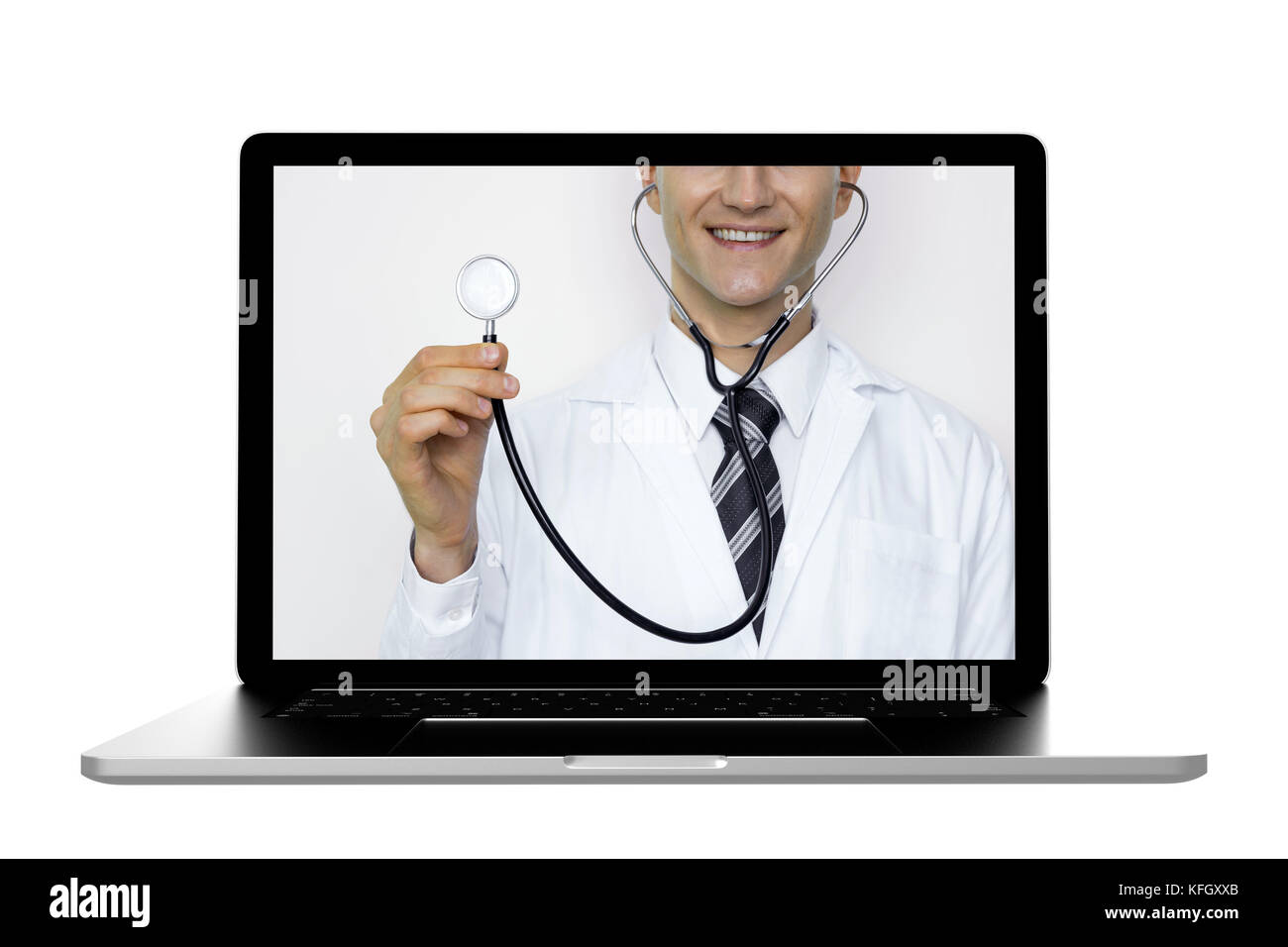 Telemedicina in Smart health care internet delle cose e ospedale di gestione dell'automazione di concetto di tecnologia con supporti cartacei. Medico utilizzando uno stetoscopio scre Foto Stock