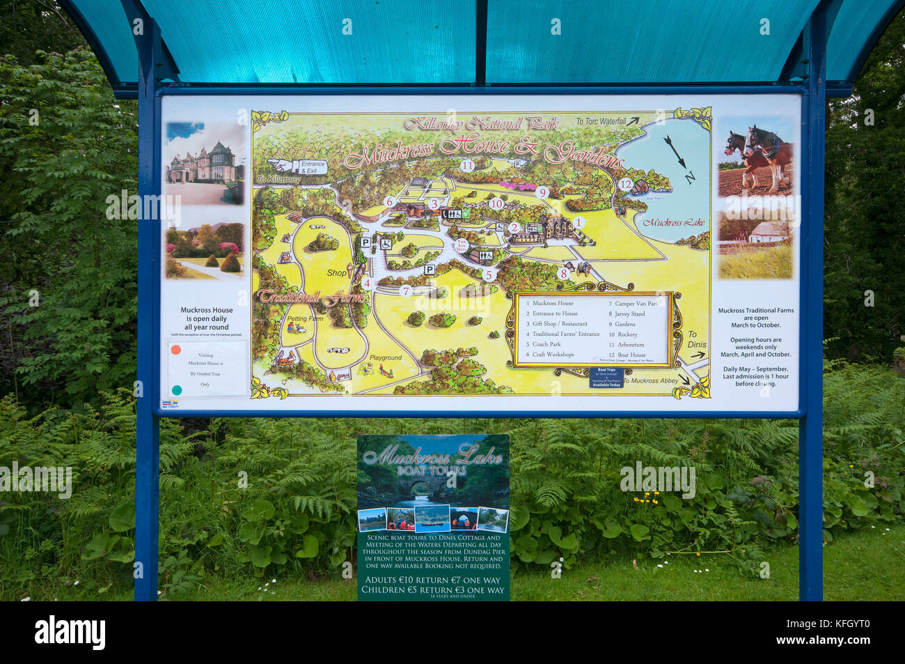 Informazioni segno di Muckross House e giardini, Parco Nazionale di Killarney, nella contea di Kerry, Irlanda Foto Stock