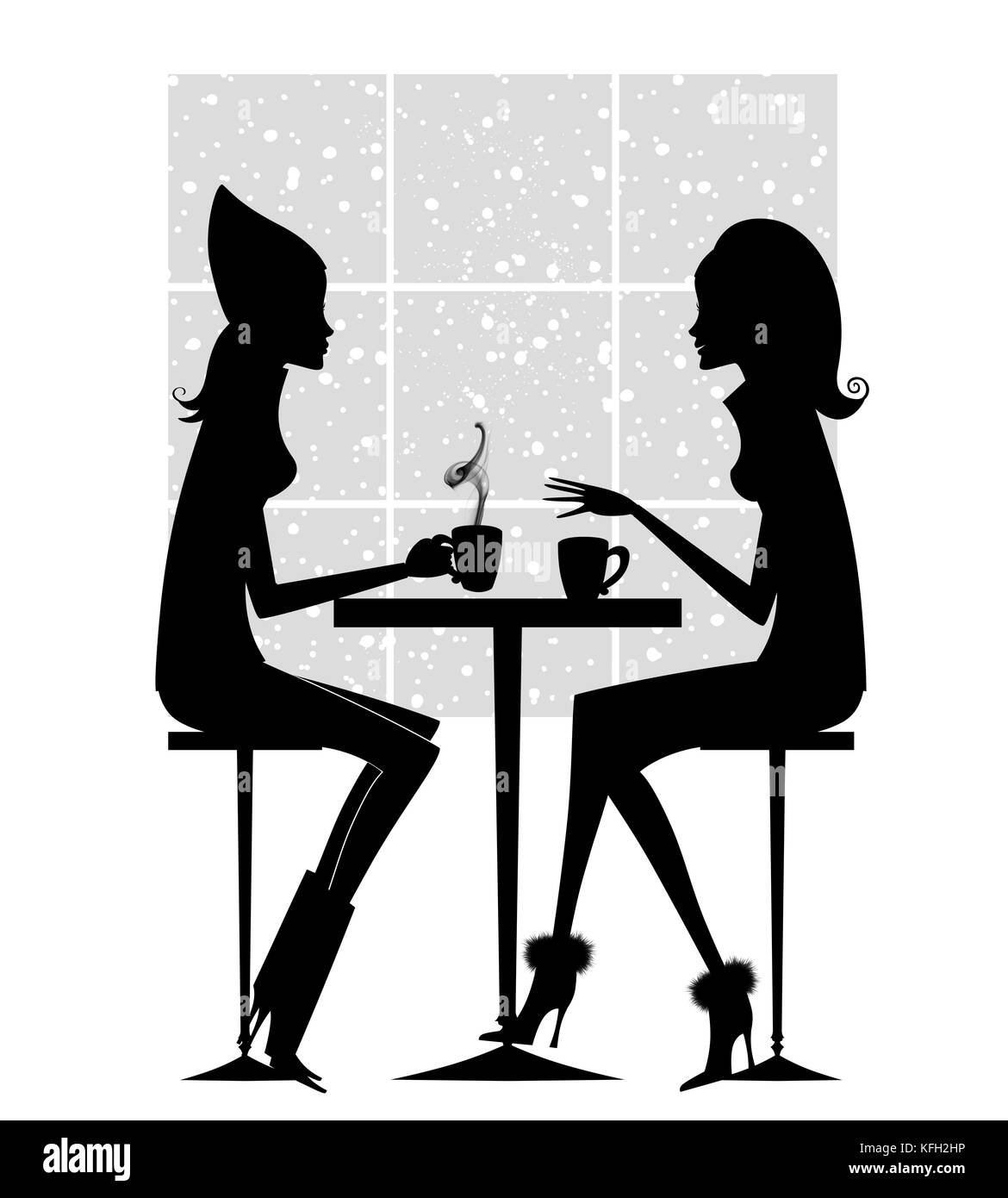 Silhouette di due amici un caffè o cioccolata calda in un giorno di neve Foto Stock