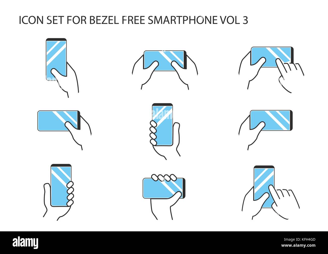 Mano azienda cornice moderna libera smartphone con touchscreen prive di telaio in diverse varianti. design piatto con più di una linea sottile icone vettoriali. Illustrazione Vettoriale