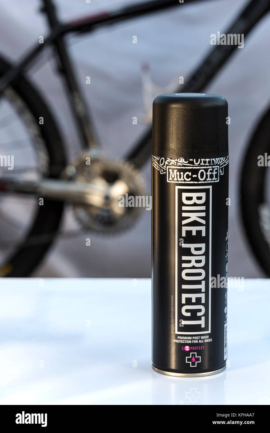 Muc off noleggio pulizia e lubrificazione prodotti, mountain bike. Foto Stock