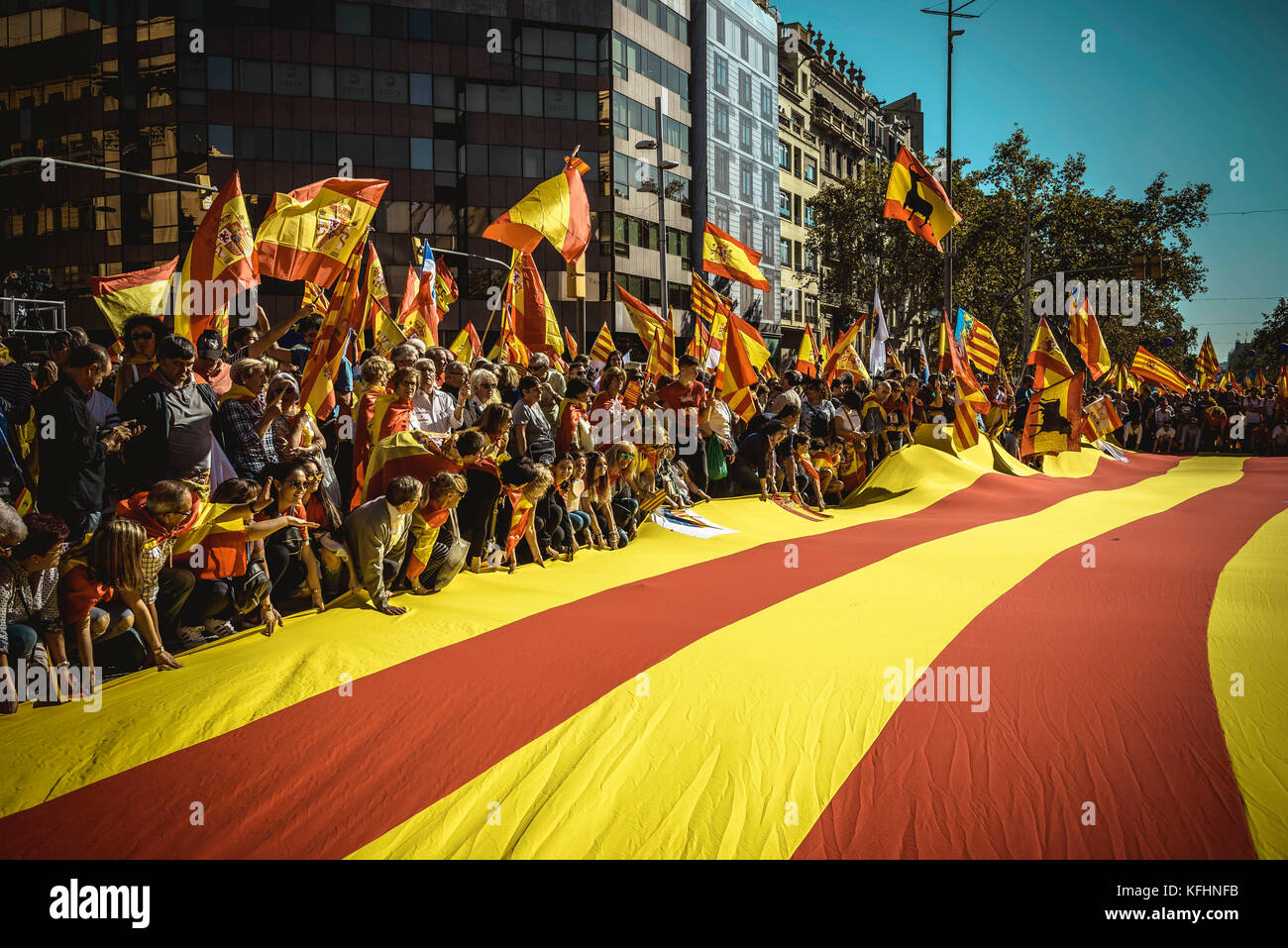 Barcellona, Spagna. 29 ottobre 2017. I catalani antiseparatisti marciano con una gigantesca bandiera catalana attraverso la città di Barcellona mentre protestano per l'indivisibilità dei due giorni dopo che il parlamento catalano ha votato e il governo centrale spagnolo ha innescato l'articolo 155 per assumere il controllo della regione Credit: Matthias Oesterle/Alamy Live News Foto Stock