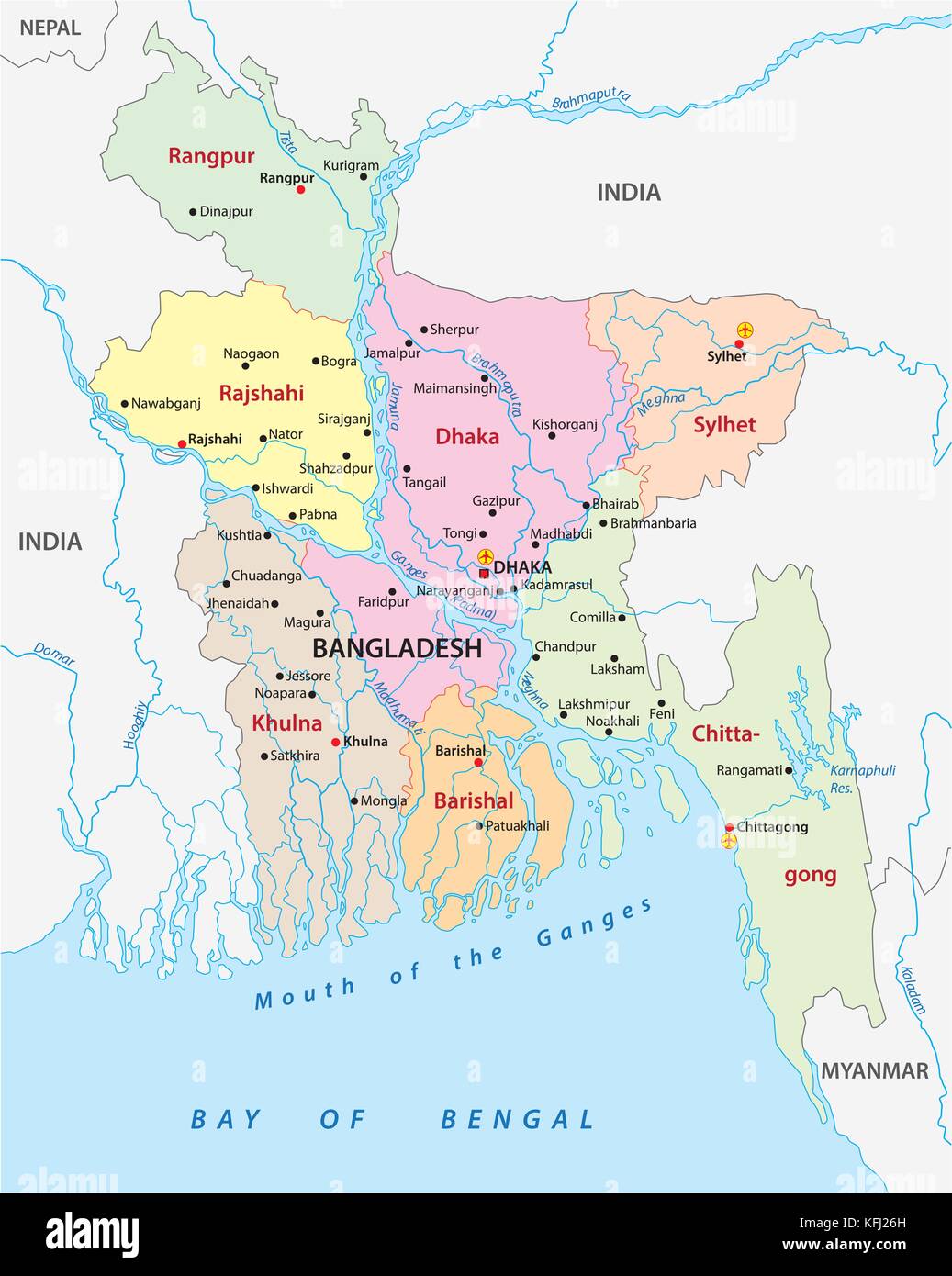 Bangladesh politica e amministrativa di mappa vettoriale Illustrazione Vettoriale