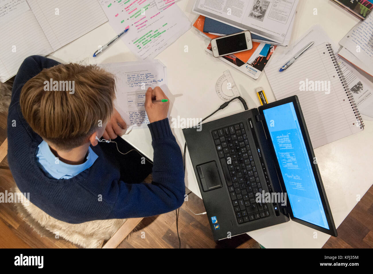 Un ragazzo giovane fa il suo dovere al tavolo della cucina in preparazione per gli esami futuri Foto Stock