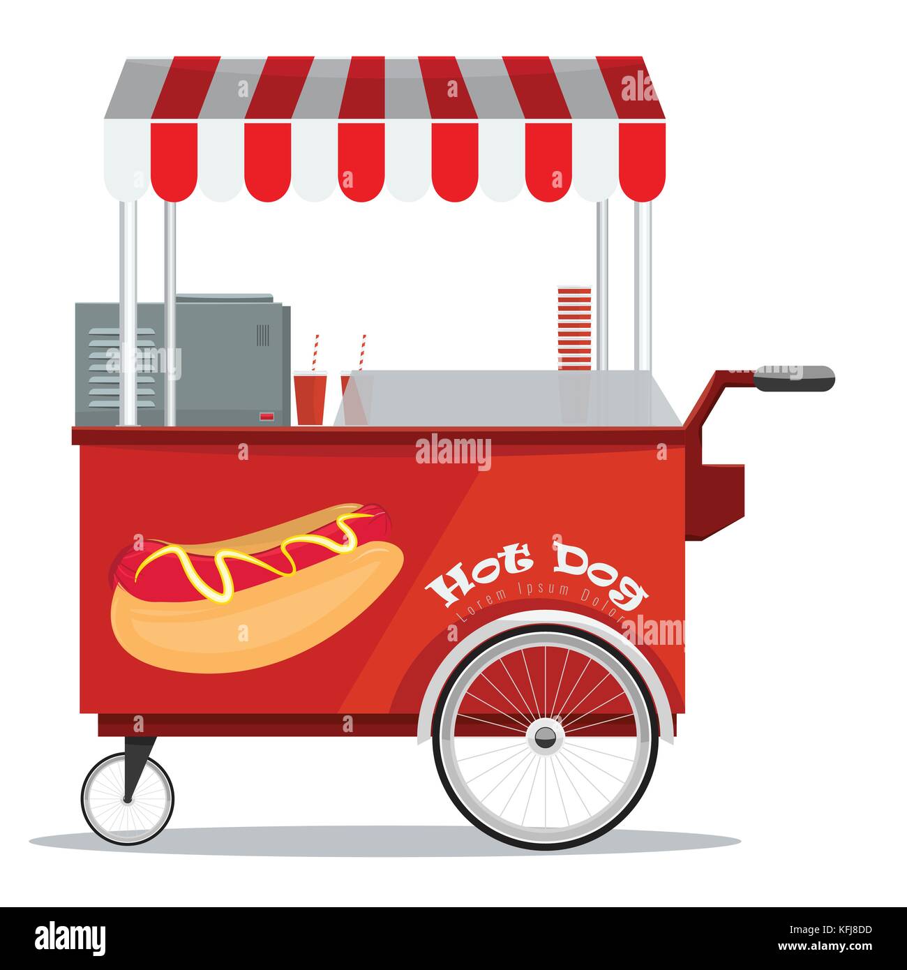 Hot Dog street carrello con tenda da sole. piana e solida vettore di colore Illustrazione Vettoriale