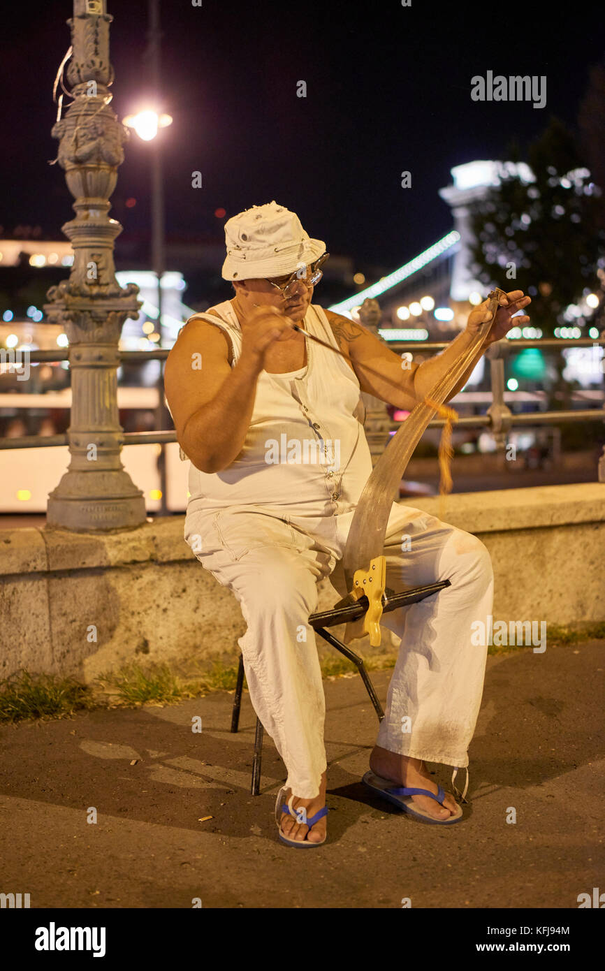 Artista di strada, uomo anziano, giocando una sega musicale con un inchino, maglia di catena ponte Lánchid Széchanyi in background; di notte Foto Stock