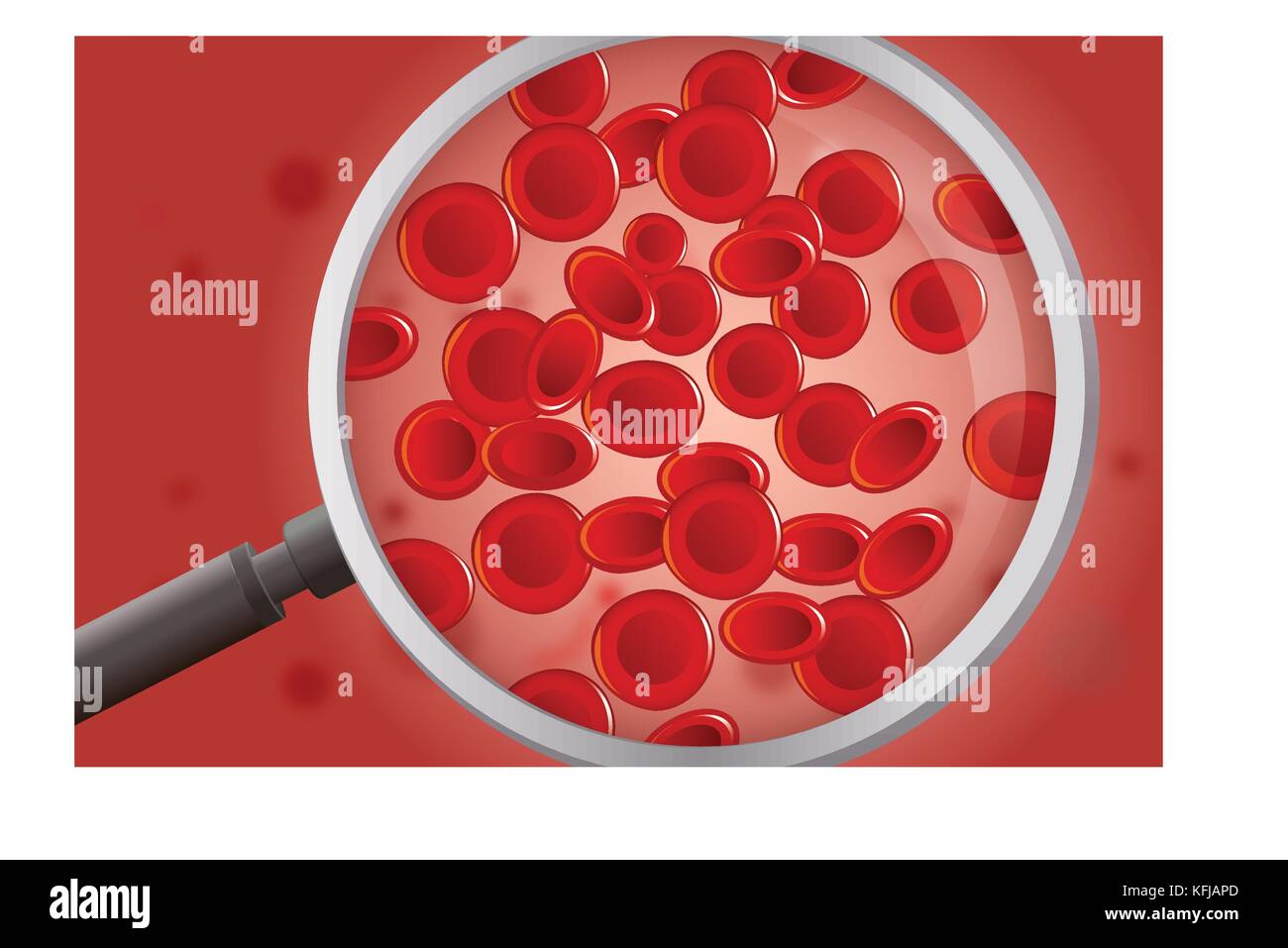 Mano che tiene la lente di ingrandimento per cercare le cellule rosse del sangue. Illustrazione Vettoriale
