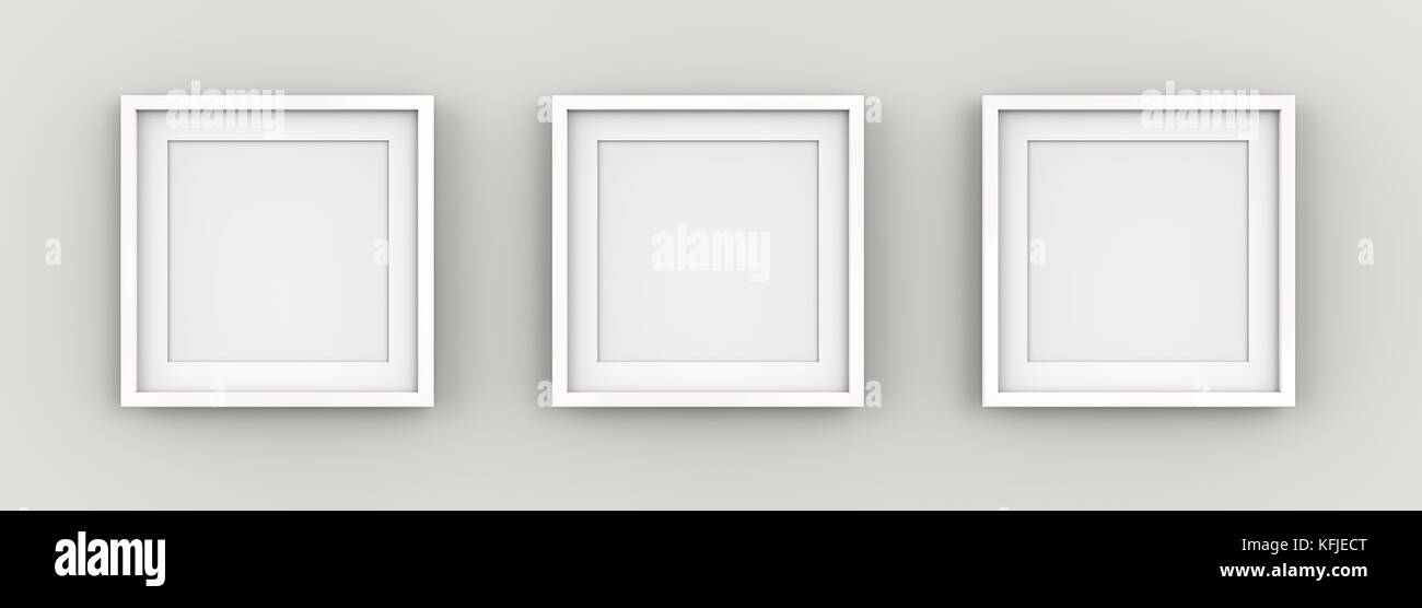 Fila di 3 quadri cornici bianche sulla parete con il bianco passe-partout.  vuoto per copiare lo spazio. 3D render Foto stock - Alamy
