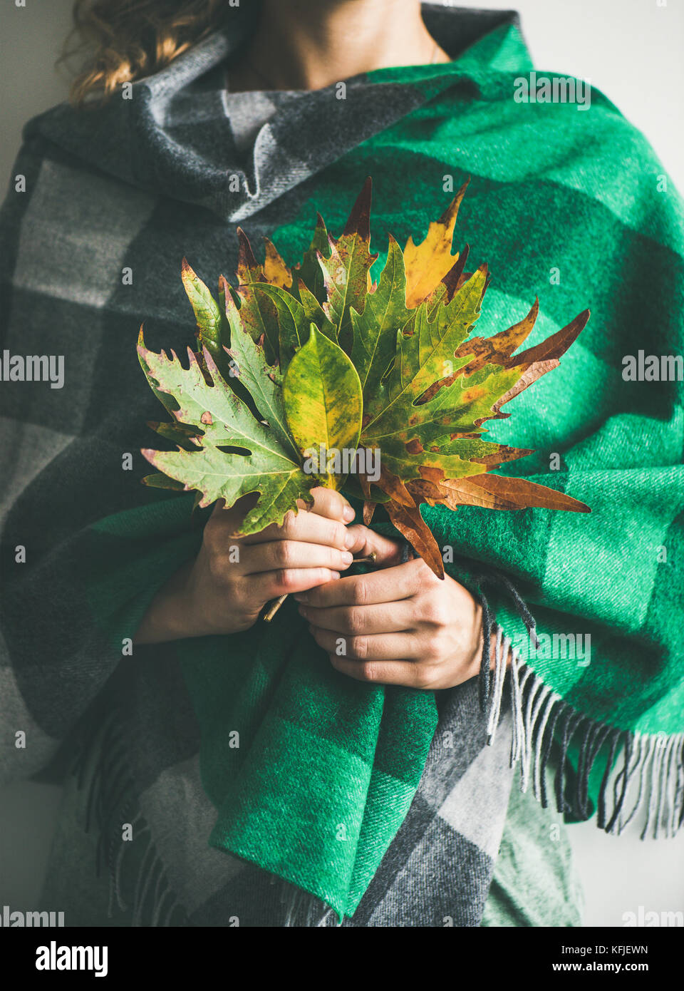 La donna a controllare sciarpa o coperta con foglie di autunno Foto Stock