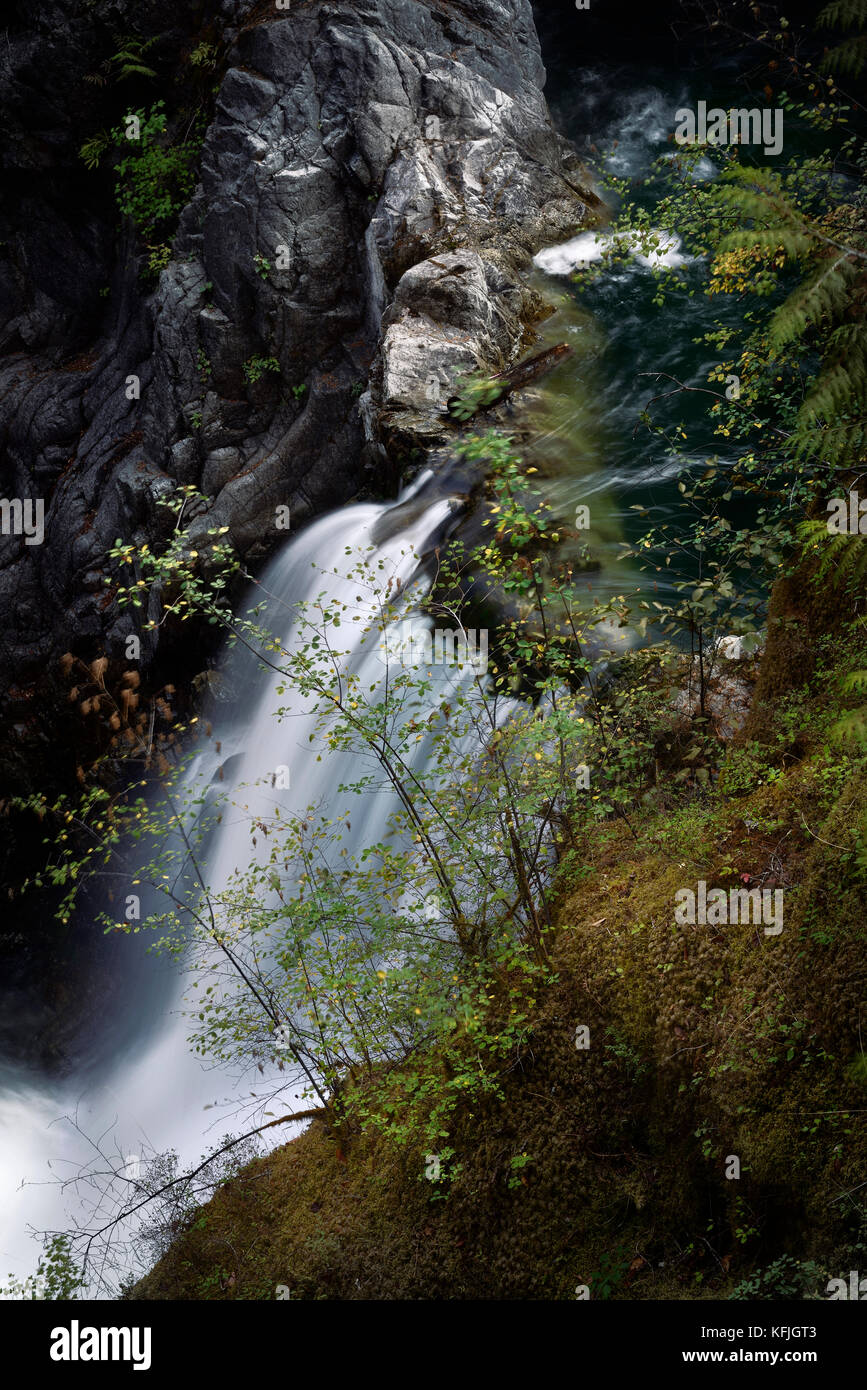 Primo piano artistico di una cascata al Little Qualicum Falls Provincial Park, Vancouver Island, BC, Canada Foto Stock