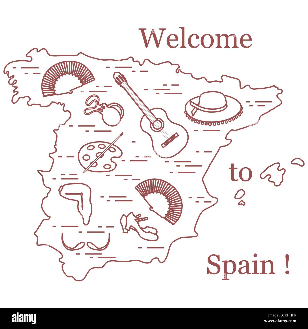 Illustrazione vettoriale con vari simboli di Spagna disposti in un cerchio. viaggi e tempo libero. design per banner, poster o di stampa. Illustrazione Vettoriale