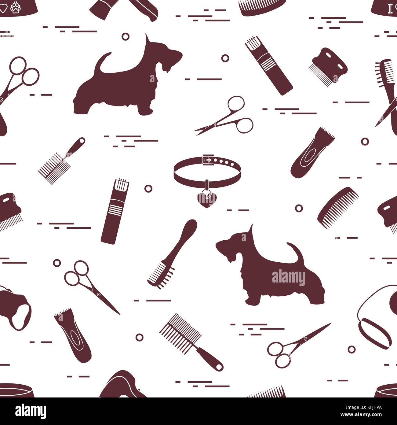 Modello con il cane, pettini, collare, guinzaglio, rasoio, asciugacapelli, ciotola, forbici. health care, toelettatura, prendersi cura di un cane, mostra. Illustrazione Vettoriale